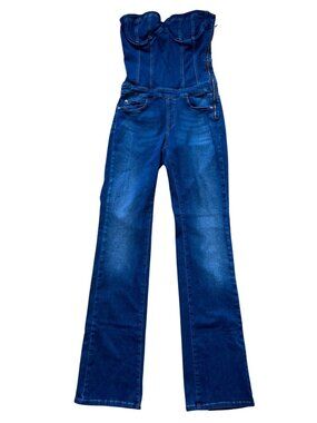 Rare Miss Sixty Denim Corset Jumpsuit Bustier Bootcut Size 29 Y2K Stretch Blue